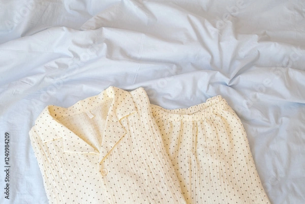 Fototapeta Close-up of pajamas lying on a bed with pastel blue bed linen. Сopy space. Concept of soft, cozy, relaxing sleep atmosphere