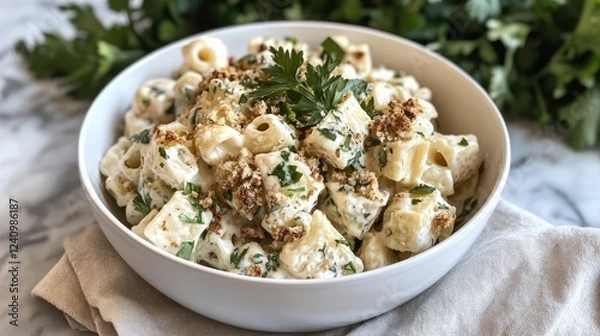 Fototapeta Perfectly creamy macaroni and cheese with parsley and breadcrumbs, served in a white bowl on a neutral linen napkin