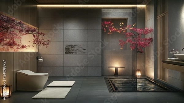 Fototapeta Sophisticated gray bathroom with a Japanese-style Zen toilet, subtle lighting, and a peaceful atmosphere