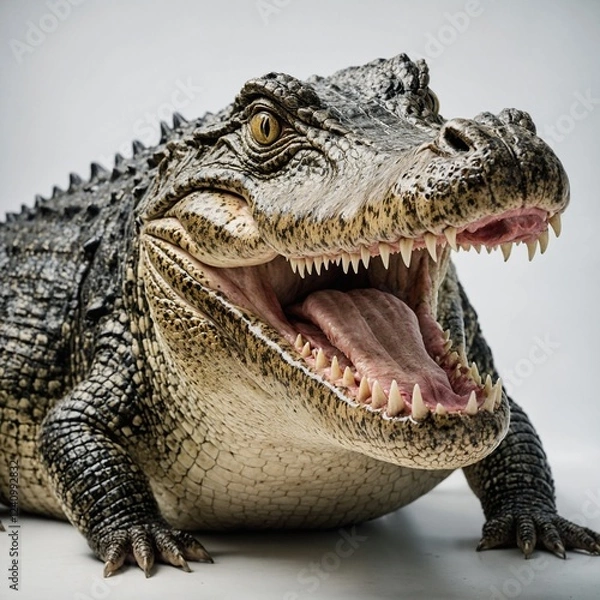Fototapeta A crocodile with its mouth wide open, pure white background.
