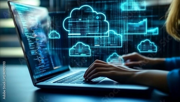 Fototapeta Woman using laptop with cloud computing data visualization.