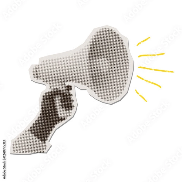 Fototapeta Halftone megaphone, loudspeaker in black hand. Advertising Afro-American speaker collage in retro style. Vector torn out sticker