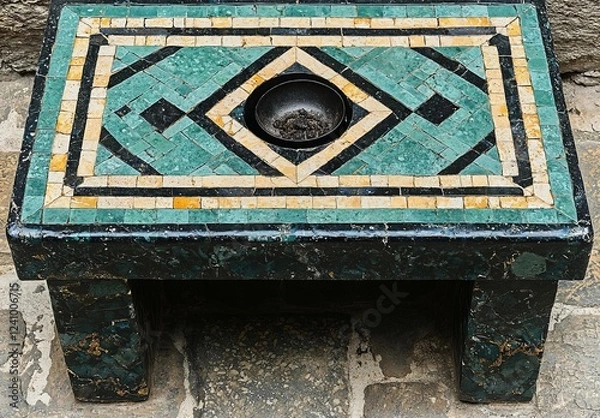 Obraz Old Islamic tiles (also known as zellige or azulejos) with traditional geometric patterns decorating a wall of the Nasrid Palaces inside the Alhambra
