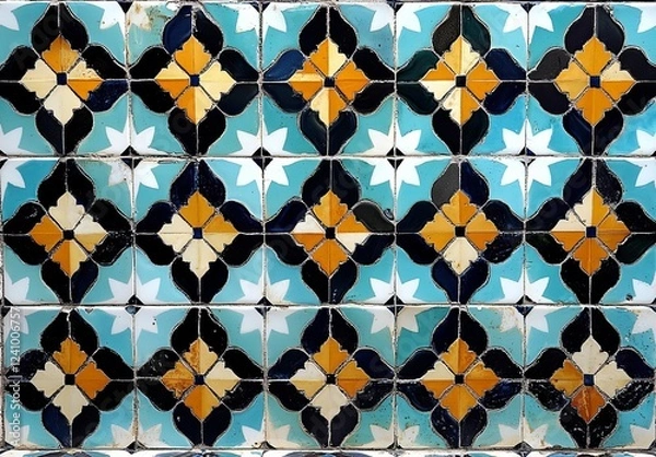 Obraz Old Islamic tiles (also known as zellige or azulejos) with traditional geometric patterns decorating a wall of the Nasrid Palaces inside the Alhambra