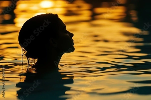 Fototapeta a serene silhouette of a woman lounging in a calm swimming pool, bathed in warm golden hues of a stunning sunset, reflecting tranquility and relaxation