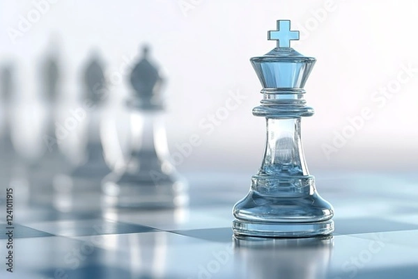 Obraz Glass chess king standing on chess board with other chess pieces out of focus
