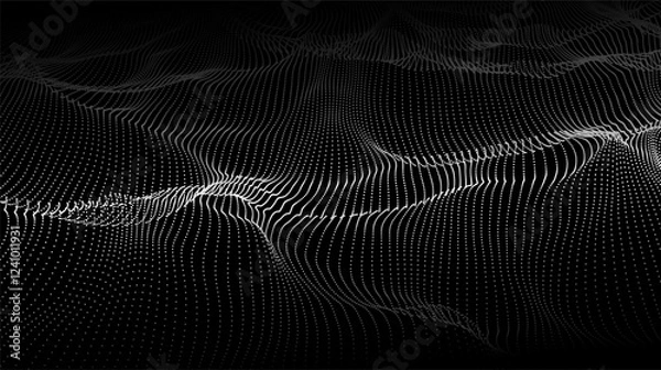 Fototapeta Vector abstract wave of white dots on a black background. Dynamic digital landscape with flowing particles. Futuristic design with motion and depth effect.