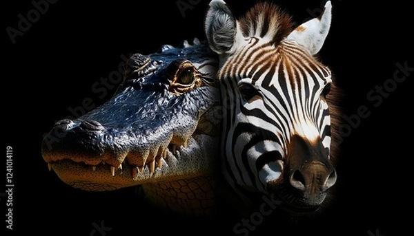 Fototapeta Crocodile and Zebra A Captivating Study of Nature s Contrasts in Monochrome. Wildlife Portrait.