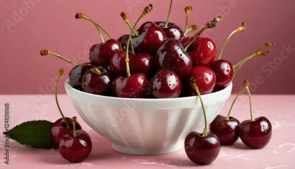 Fototapeta A bright white bowl full of delicious ripe cherries on a red background; close up shot