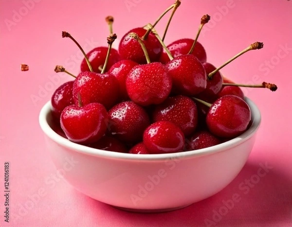 Fototapeta A bright white bowl full of delicious ripe cherries on a pink background; close up shot