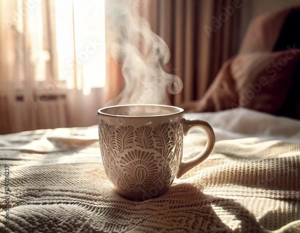Fototapeta A close up of a steaming coffee mug with embossed pottery art ,perfect morning wake up scene