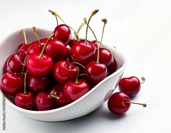 Fototapeta  A white asymmetric bowl full of delicious ripe cherries on a white background; close up shot