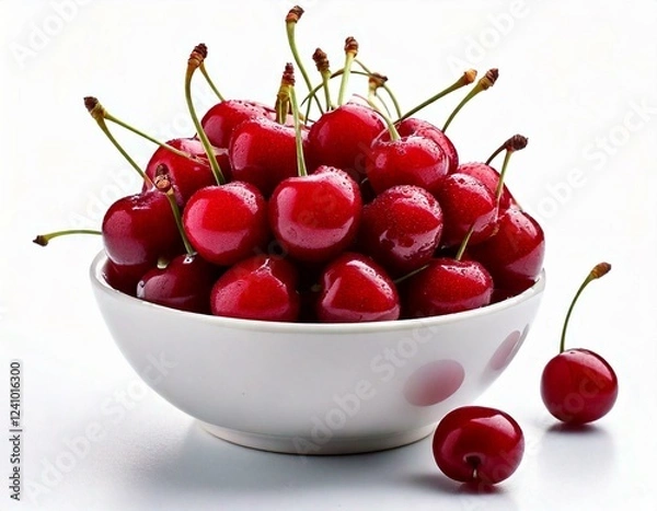 Fototapeta  A white bowl full of delicious ripe cherries on a white background; close up shot