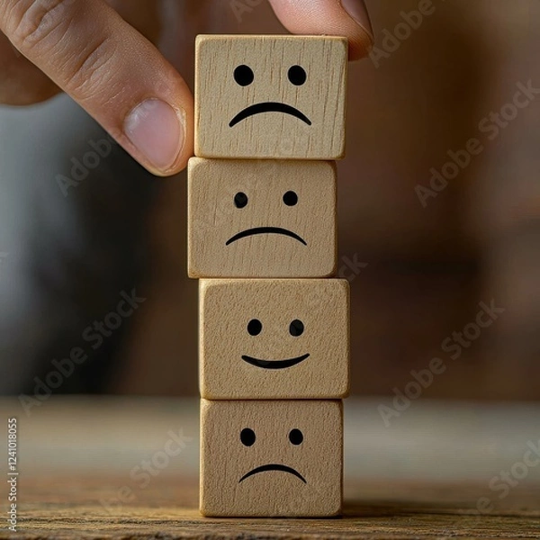 Fototapeta Wooden Blocks with Sad Faces Stacked on a Table Surface