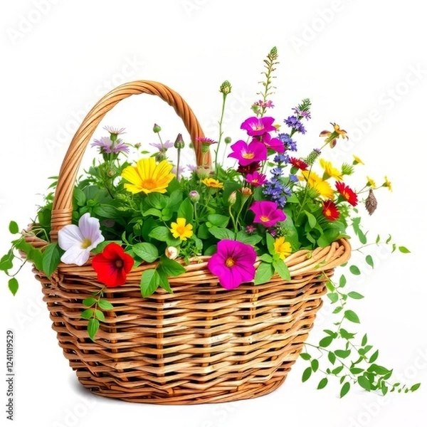 Fototapeta Rustic Charm: Woven Wicker Basket with Flourishing Flora