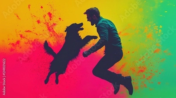 Fototapeta A vibrant silhouette of a man joyfully leaping with a dog against a colorful, abstract background, capturing the essence of companionship and playfulness.