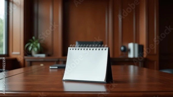 Fototapeta Calendar Mockup on Desk, Executive office dark wood paneling polished desk calendar clear background photorealistic.