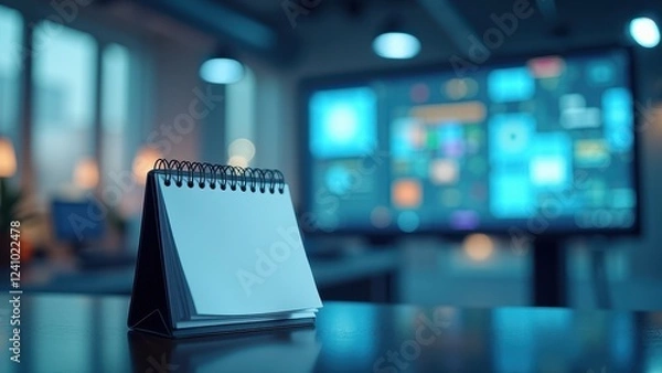 Fototapeta Calendar Mockup on Desk, High-tech office digital screen wall desk calendar photorealistic no people futuristic.