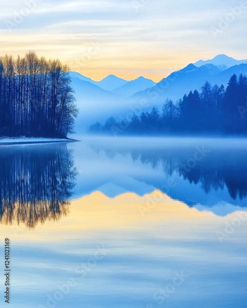 Fototapeta misty sunrise over peaceful lake with soft pastel colors reflecting