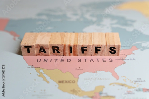 Fototapeta Wooden blocks spelling TARIFFS are placed on a map of North America, specifically over the United States and Mexico