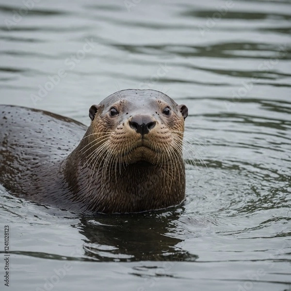 Fototapeta A giant river otter floating on its back, pure white background.