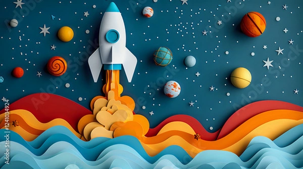 Fototapeta Paper art cosmic scene with white rocket launching through colorful layered waves into starry space with planets, creative space exploration concept.