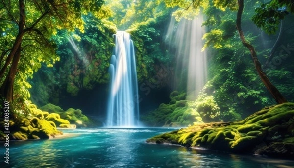 Fototapeta Majestic waterfall in lush greenery with copy space for nature design and meditation inspiration