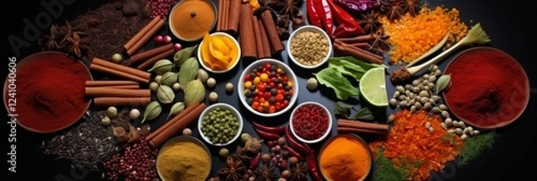 Obraz Spice Palette, assorted spices in round plates, artistic arrangement, flat layout