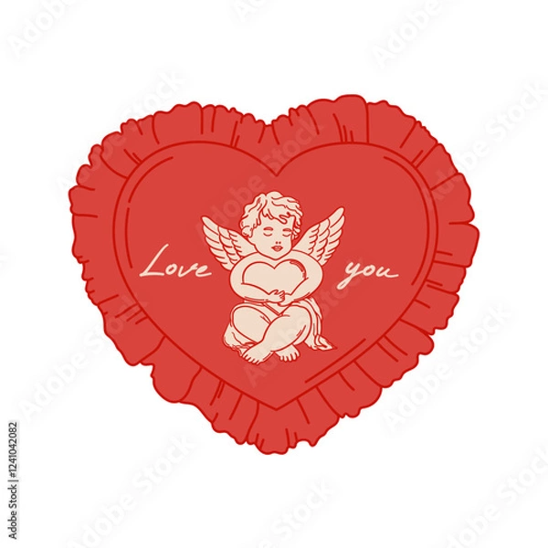 Fototapeta Valentines day. Cute coquette red frame heart shape in vintage style. Heart shaped red pillow with ruffles and cupid. Vintage cushion with cherub. Editable vector illustration.