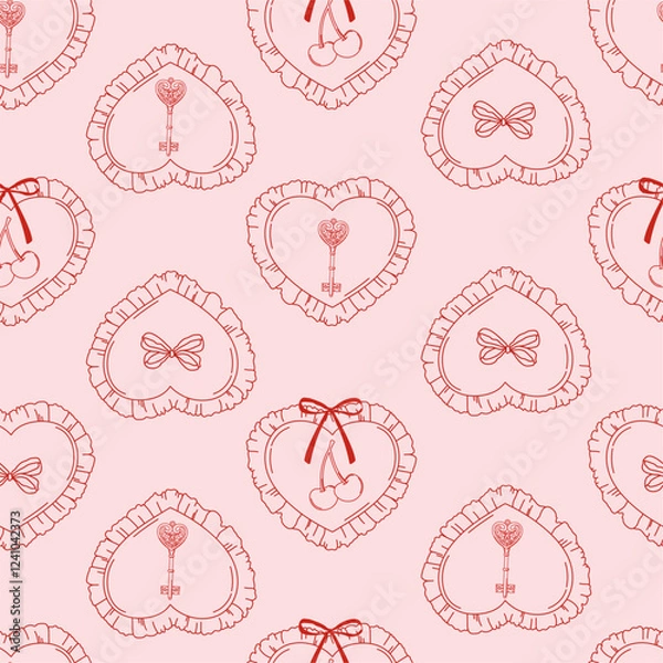 Fototapeta Seamless pattern with linear heart shaped pillow with ruffles, cherries, bows, vintage heart shaped key on pink background. Vector illustration for wrapping paper, packaging, fabric, phone case etc.