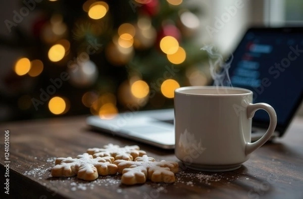 Fototapeta a cup of tea and Christmas cookies on the background of a laptop with a code. the atmosphere of the holidays