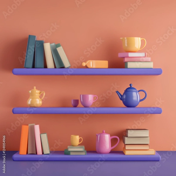 Obraz Books and kitchenware on shelves create cheerful atmosphere