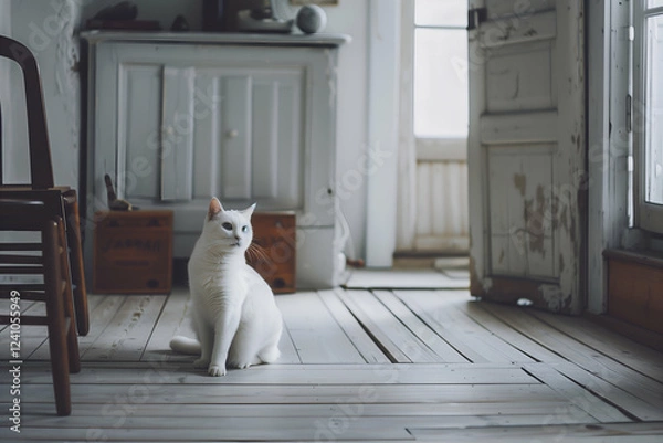 Fototapeta White cat in rustic apartment