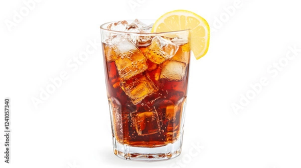 Fototapeta A refreshing cola served with a lemon twist and ice cubes in a tall glass.