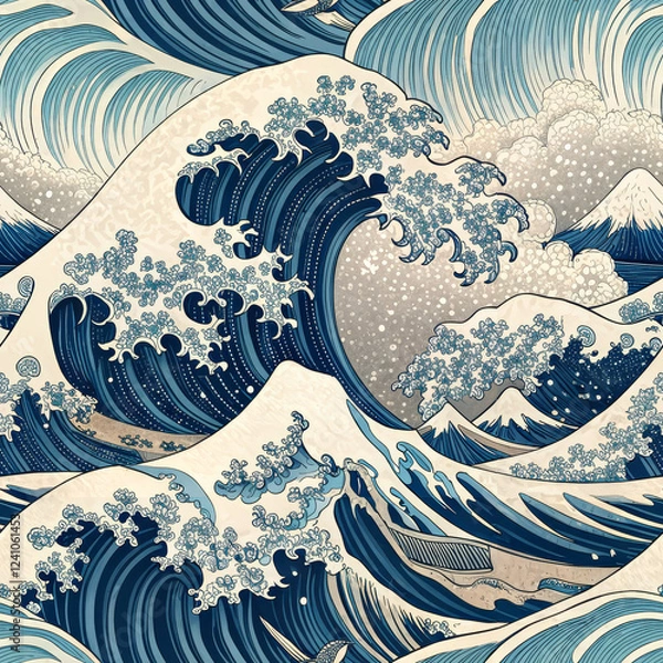 Fototapeta Seamless Japanese wave pattern in blue tones