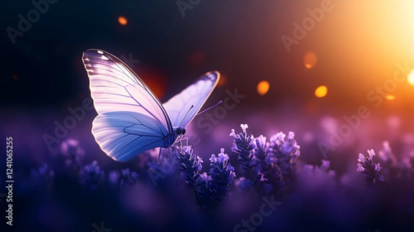 Obraz A beautiful white butterfly perched on blooming lavender flowers, illuminated by a warm sunset glow.