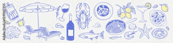 Obraz Italian Seafood, Drinks Set. Summer naive line illustration of shell, wine, homemade pasta, snails, mussels, lemons. Doodle sketch drawing elements for invitation wedding or party.