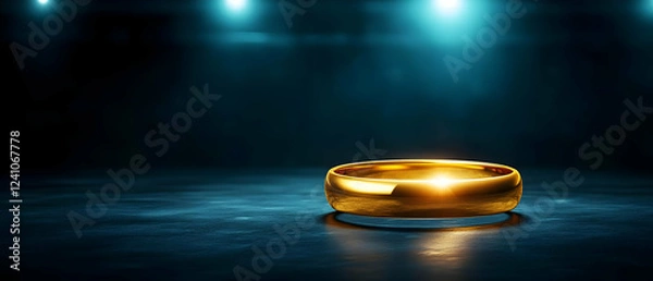 Fototapeta A close-up of a shining gold ring on a dark reflective surface, symbolizing commitment and timeless love.