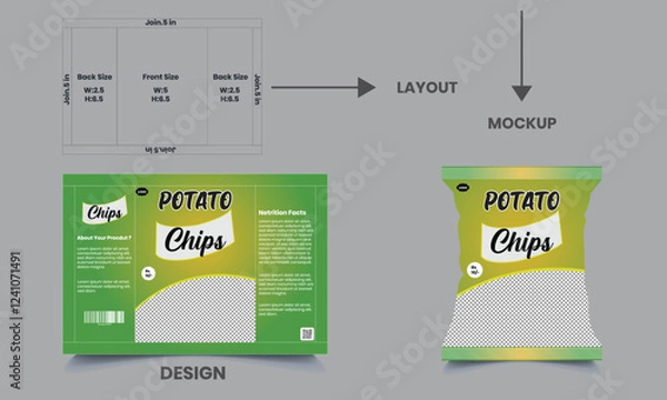 Obraz potato chips packaging template design, vector illustrations with mockup, crispy ripple potato chips, vector