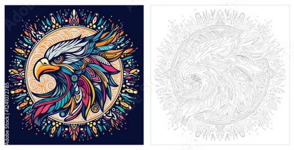 Fototapeta Vector drawing of an eagle in mandala style for coloring book, vector illustrations for adults. Anti-stress coloring for adults. Eagle in two versions, colored and black and white.