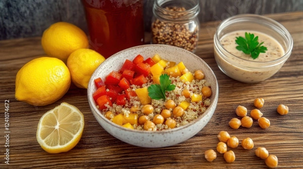 Fototapeta Colorful Quinoa Bowl With Vegetables, Chickpeas, and Sauce Ready for a Healthy Meal
