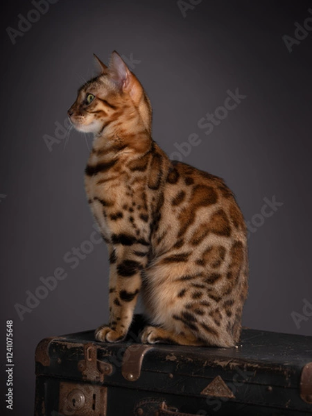 Obraz Bengal cat sitting on a vintage suitcase against a dark background. Studio shot capturing the feline's striking coat pattern and attentive expression. Elegant and detailed animal portrait.