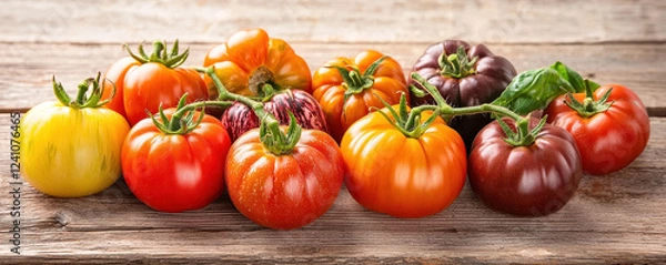 Fototapeta variety of colorful heirloom tomatoes on rustic wooden table