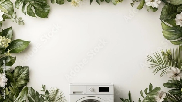 Fototapeta White washing machine with tropical green leaves and white flowers on a light background. Flat lay composition with copy space. Laundry and home cleaning concept.