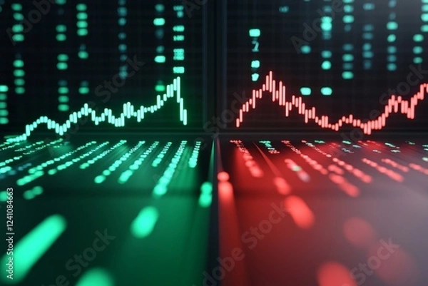 Fototapeta A close-up view of digital stock market graphs displaying green and red lines, indicating fluctuations in market trends.