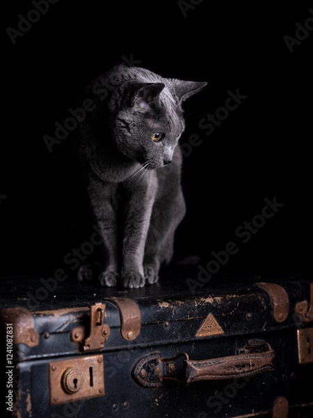 Fototapeta Studio shot of a Russian Blue cat against a black background. The cat's silver-gray fur contrasts elegantly with the dark setting. Calm, elegant feline in dramatic lighting.