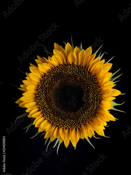Obraz Close-up studio shot of a vibrant sunflower against a black background. 