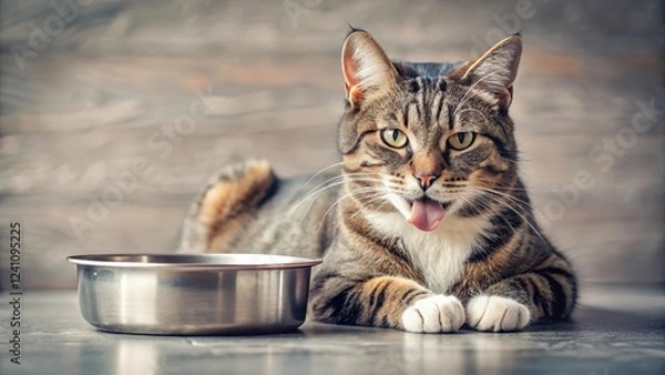 Fototapeta A lethargic domestic cat lies down near a water bowl with its tongue lolling out of its mouth and eyes half-closed , laid-back cat, lazy cat