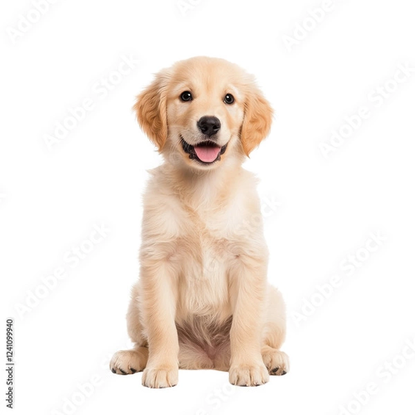 Fototapeta Cute golden retriever puppy sitting happily with a joyful expression.