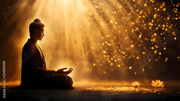 Fototapeta A serene Buddha statue bathed in golden light, surrounded by floating particles and lotus flowers, symbolizing peace.